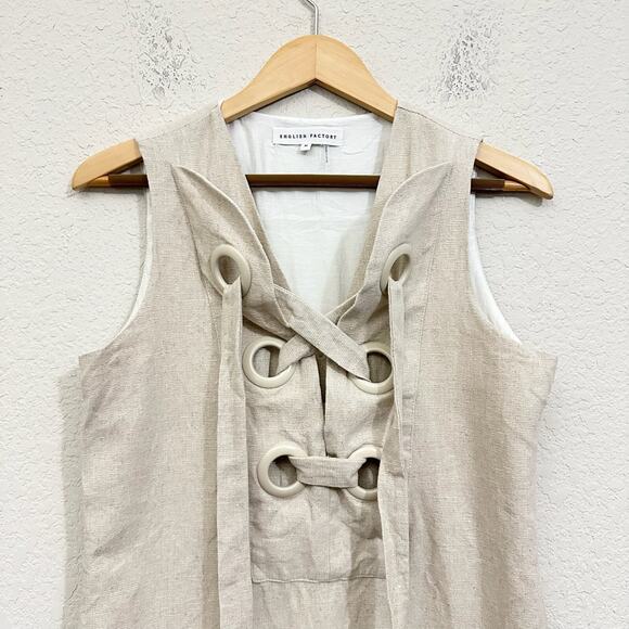 ENGLISH FACTORY Lace Up Mini Dress Sand Beige Sleeveless Linen Cotton - Picture 8 of 14